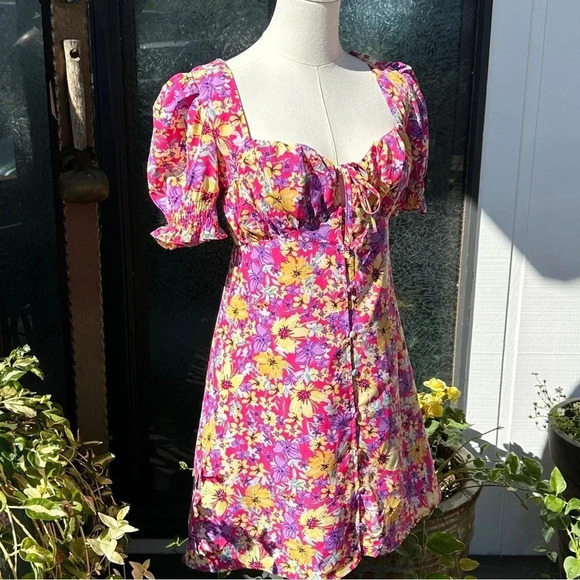 Cottagecore Pink Floral Print Puffed Sleeve Button Down Smocked Babydoll Dress S - Picture 2 of 15